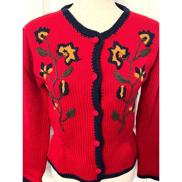 Vtg THE VILLAGER 100% Worsted Wool Sweater Women's S Petite Red Hand Embroidered - Picture 2 of 9